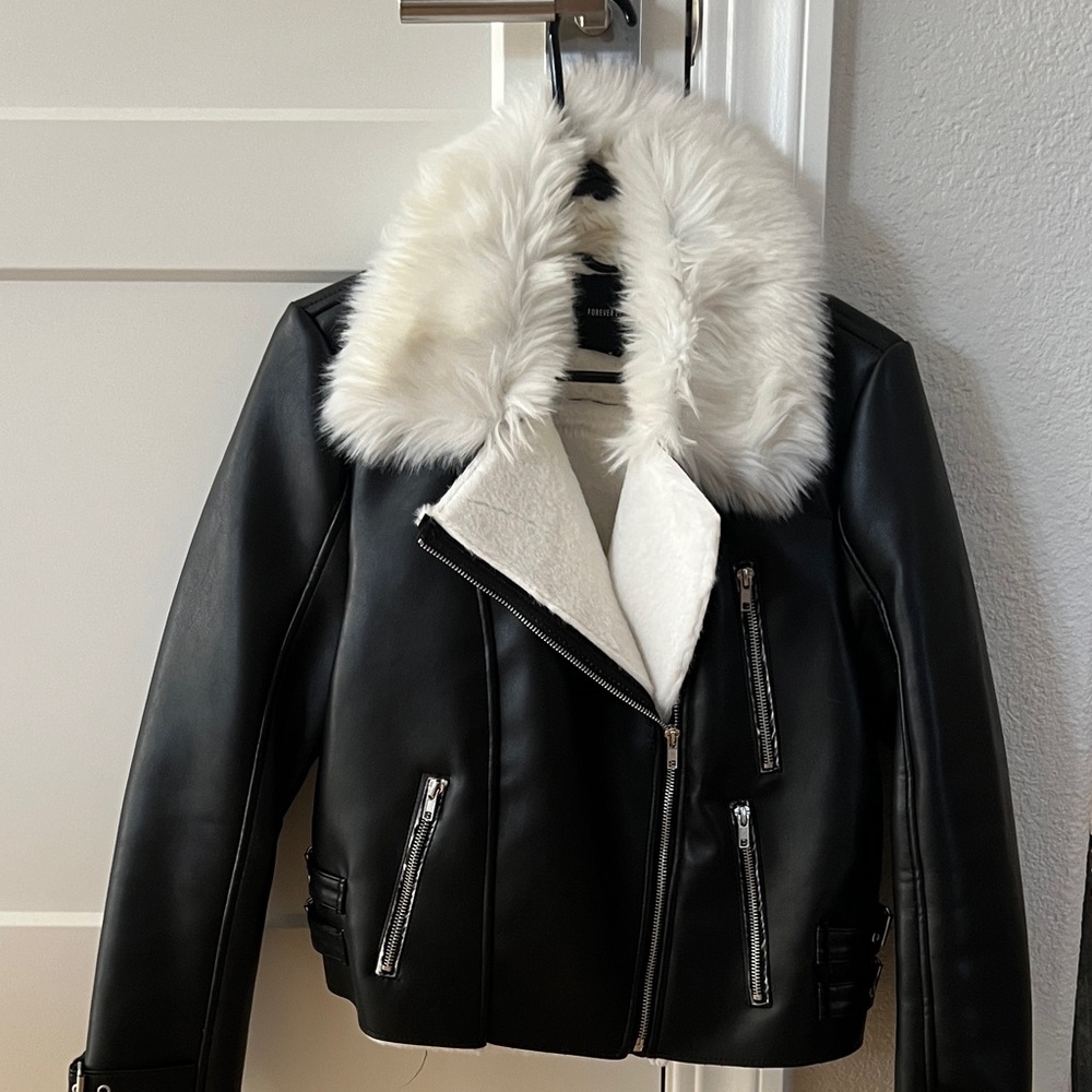 Forever 21 Black Leather Jacket with White Faux Fur Collar